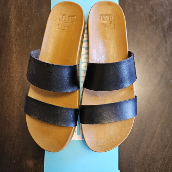 Reef Shoes - Reef Black and Tan Leather Slide Sandals